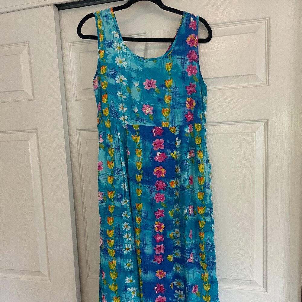 90's JAMS WORLD Women's Size M WATER DAISY Hawaiian Tank Dress Blue Pink